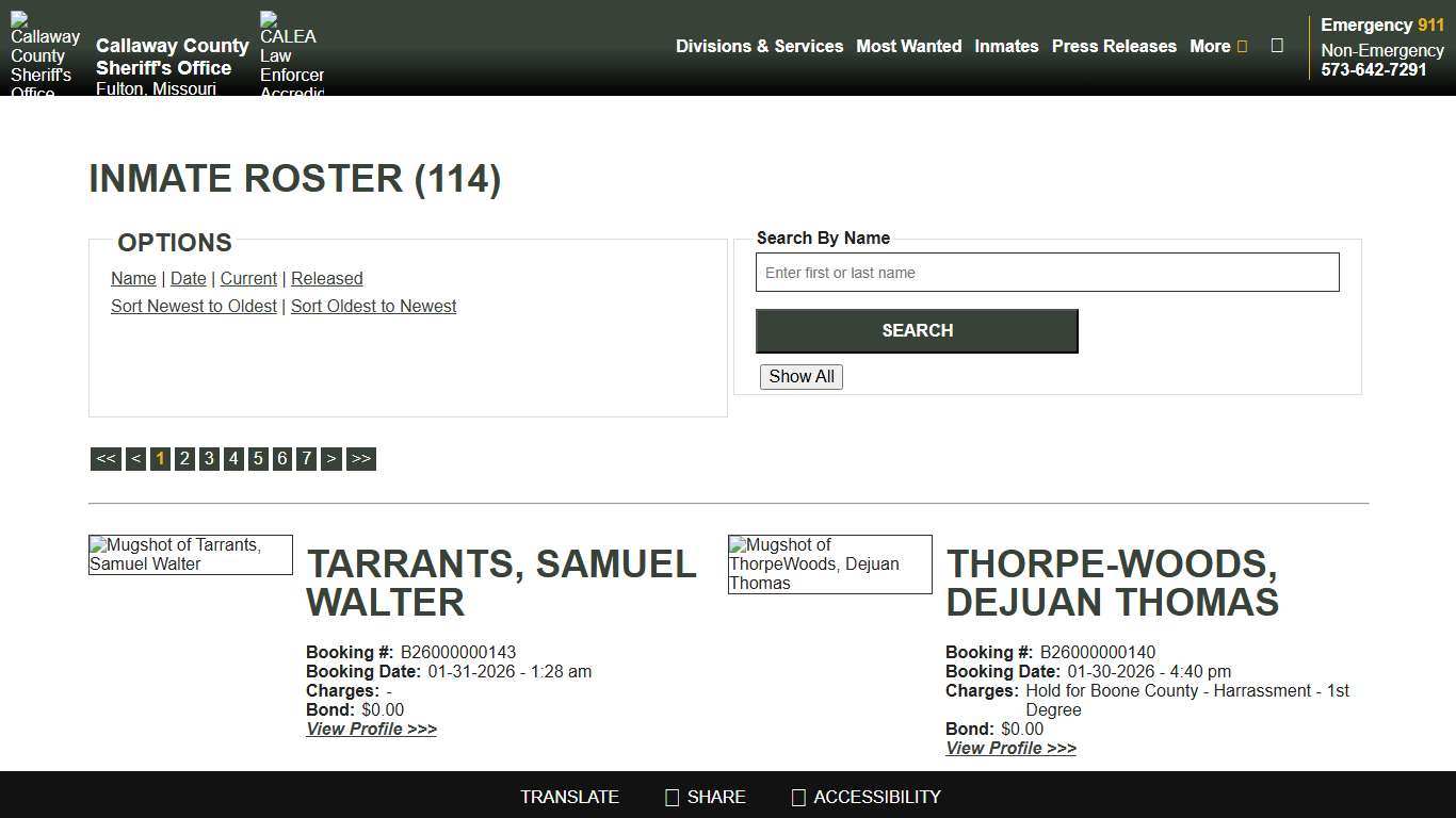 Inmate Roster - Current Inmates Booking Date Descending - Callaway County Sheriff's Office, Missouri